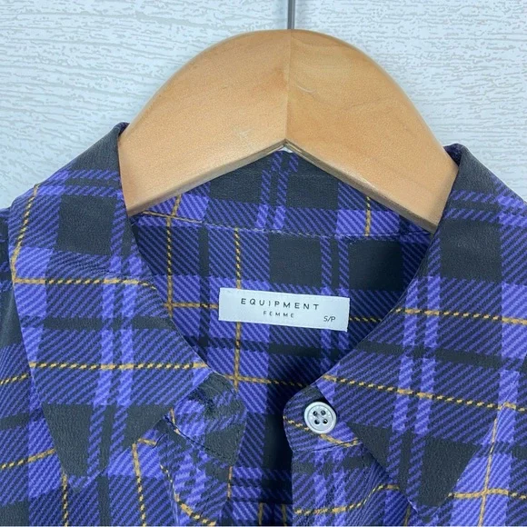 EQUIPMENT FEMME Silk Purple Plaid Crop Signature Button Up Shirt Small Cropped - Picture 2 of 5